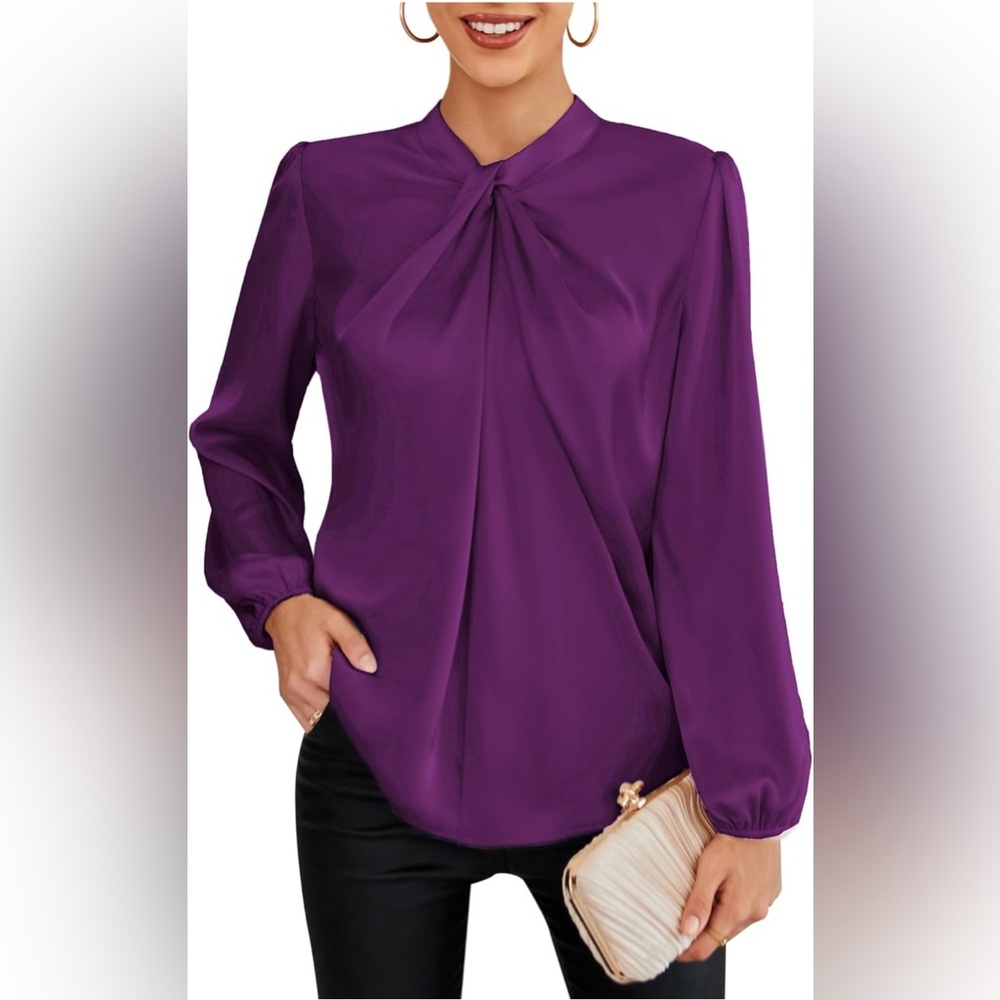 NWT! XL Women's Long Sleeve Mock Neck Satin Blouse, Plum